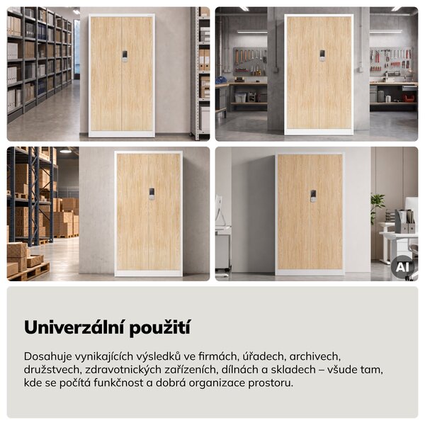 Kovová kancelářská skříň se zámkem na kód bílá, dub sonoma, 900x1850x400 mm: DANIEL Eco Design