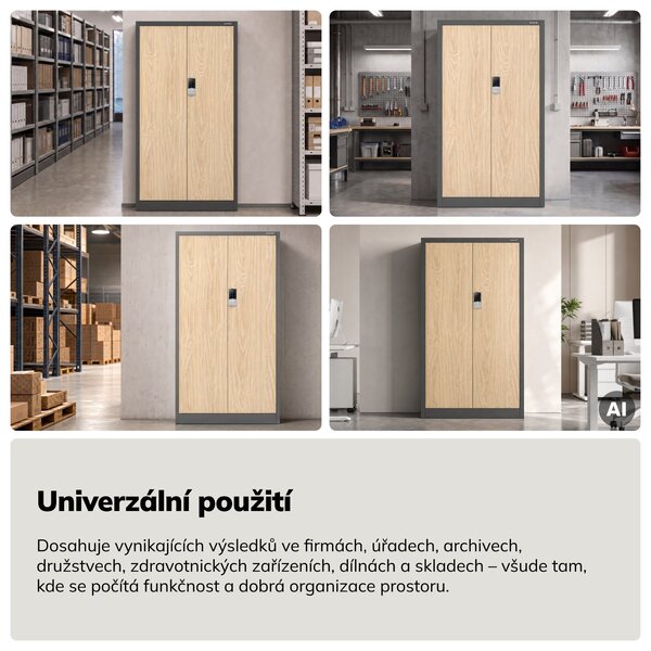 Kovová kancelářská skříň se zámkem na kód antracitová, dub sonoma, 900x1850x400 mm: DANIEL Eco Design