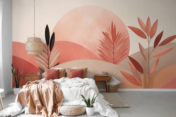 Fototapety Abstraktní boho krajina, slunce za zvlněnými kopci, rostliny v popředí, minimalistické,, Fototapety abstraktní, w09608 : uwalls.cz