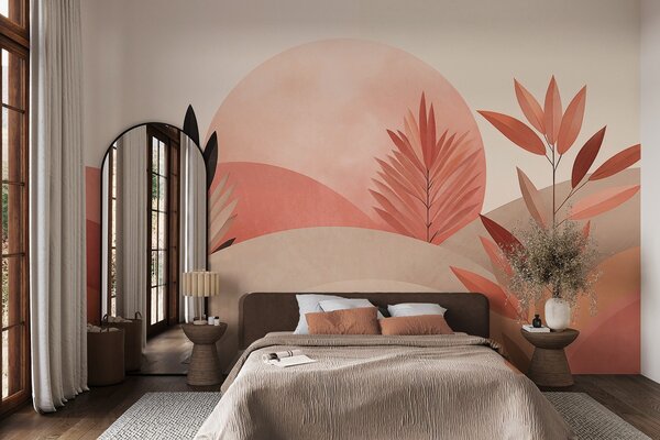 Fototapety Abstraktní boho krajina, slunce za zvlněnými kopci, rostliny v popředí, minimalistické,, Fototapety abstraktní, w09608 : uwalls.cz