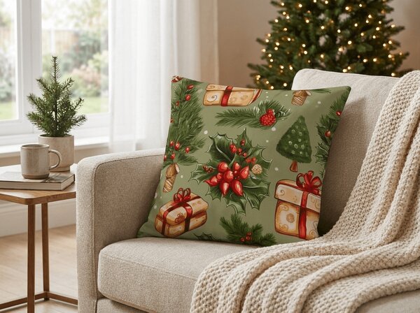 Povlak na polštář z mikrovlákna CHRISTMAS PRESENTS 45x45 cm, zelený