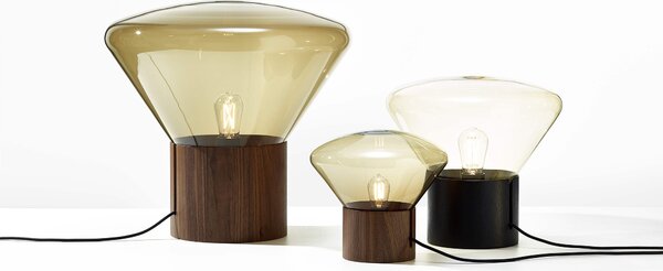 Stolní lampa Brokis Muffins mini Wood PC910, 1xE14 Barva skla: Šedá kouřová - transparentní sklo, Podstava: dub evropský - surový