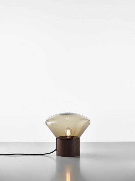 Stolní lampa Brokis Muffins mini Wood PC910, 1xE14 Barva skla: Šedá kouřová - transparentní sklo, Podstava: dub evropský - surový