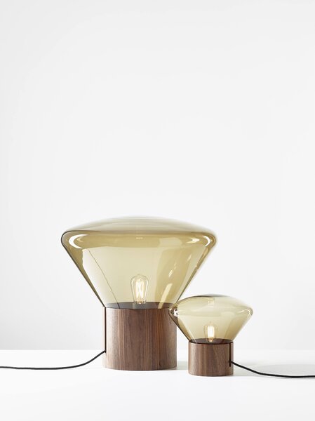 Stolní lampa Brokis Muffins mini Wood PC910, 1xE14 Barva skla: Šedá kouřová - transparentní sklo, Podstava: dub evropský - surový