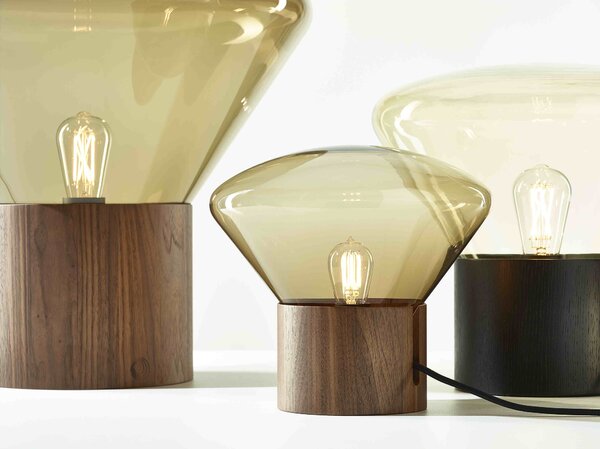 Designová lampa Brokis Muffins Wood PC849, 1xE27 Barva skla: Šedá kouřová - transparentní sklo, Podstava: dub evropský - surový
