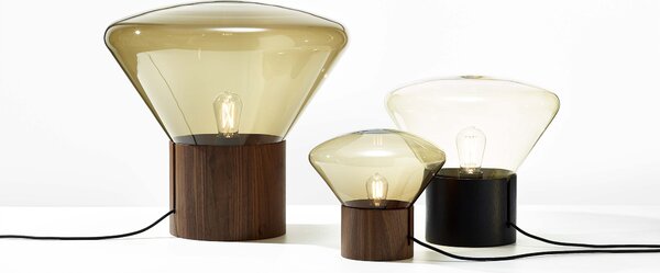 Designová lampa Brokis Muffins Wood PC849, 1xE27 Barva skla: Šedá kouřová - transparentní sklo, Podstava: dub evropský - surový