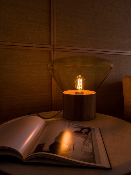 Designová lampa Brokis Muffins Wood PC849, 1xE27 Barva skla: Šedá kouřová - transparentní sklo, Podstava: dub evropský - surový