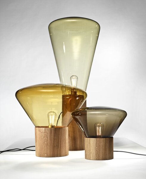 Designová lampa Brokis Muffins Wood PC849, 1xE27 Barva skla: Šedá kouřová - transparentní sklo, Podstava: dub evropský - surový