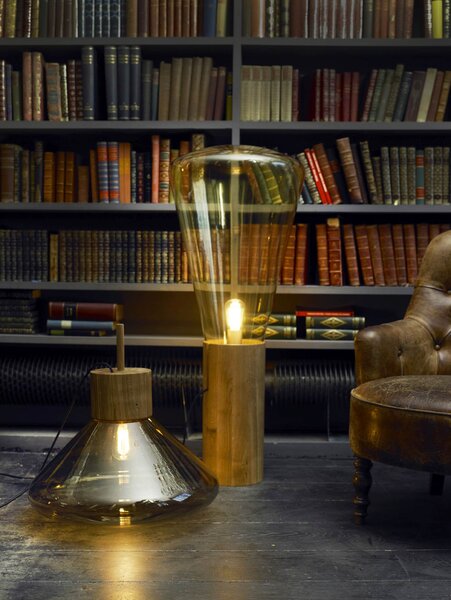 Designová lampa Brokis Muffins Wood 04 PC853, 1xE27 Barva skla: Šedá kouřová - transparentní sklo, Podstava: dub evropský - surový