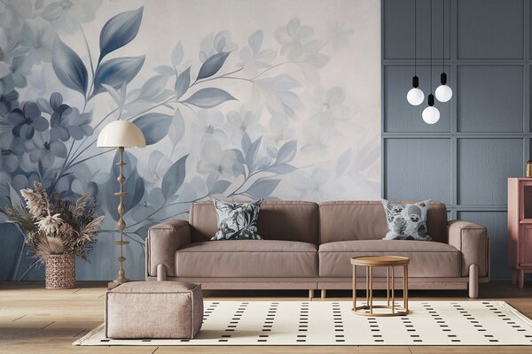 Fototapety Texturovaná modrá a bílá větev s květinami a listy, které přecházejí do světlého pozadí ve stylu, Fototapety akvarel, w09543 : uwalls.cz