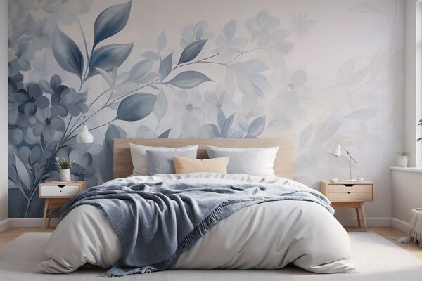 Fototapety Texturovaná modrá a bílá větev s květinami a listy, které přecházejí do světlého pozadí ve stylu, Fototapety akvarel, w09543 : uwalls.cz