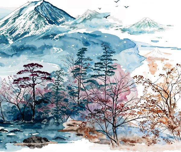 Obraz na plátně - Japonské hory s malou modlitebnou FeelHappy.cz Velikost obrazu (šířka x výška): 150 x 50 cm