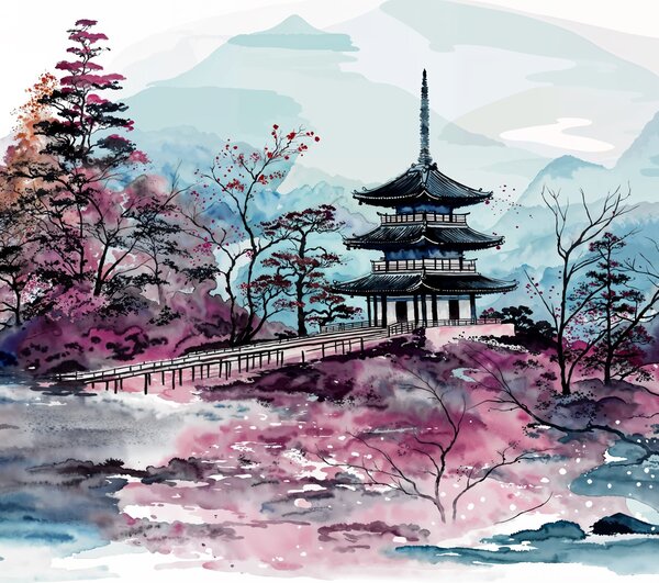 Obraz na plátně - Japonské hory s malou modlitebnou FeelHappy.cz Velikost obrazu (šířka x výška): 150 x 50 cm