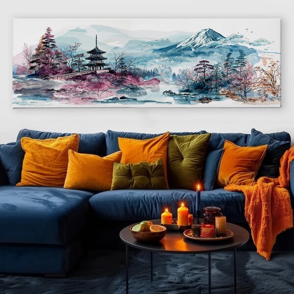 Obraz na plátně - Japonské hory s malou modlitebnou FeelHappy.cz Velikost obrazu (šířka x výška): 150 x 50 cm