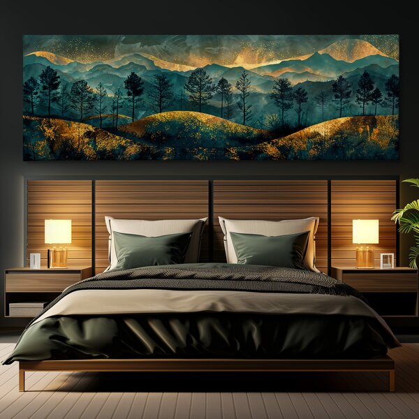 Obraz na plátně - Tmavé stromy ve zlatavých kopcích FeelHappy.cz Velikost obrazu (šířka x výška): 210 x 70 cm