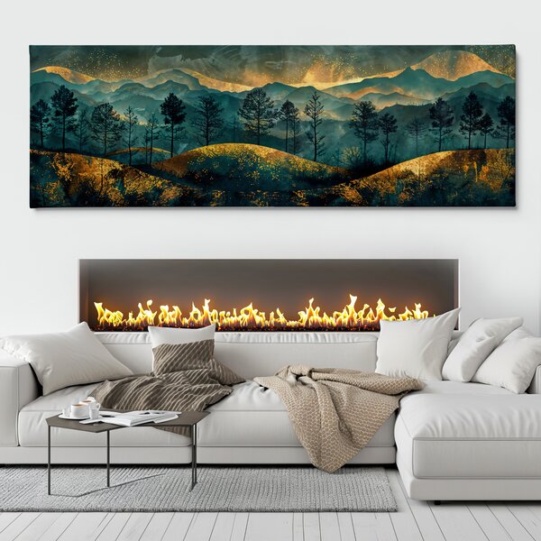 Obraz na plátně - Tmavé stromy ve zlatavých kopcích FeelHappy.cz Velikost obrazu (šířka x výška): 210 x 70 cm