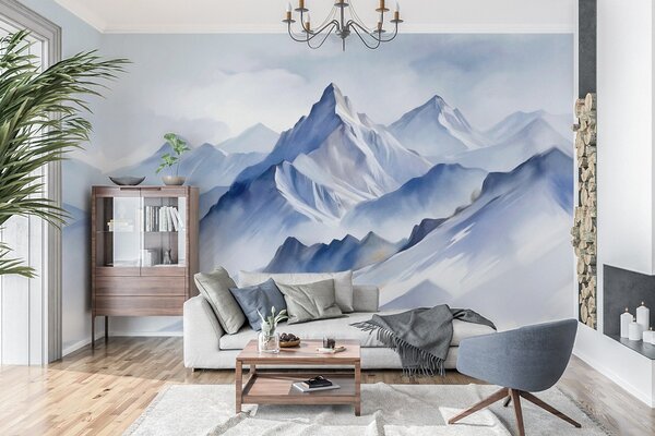 Fototapety Texturované zasněžené hory s jemným akvarelovým efektem a paletou modré a bílé barvy, Fototapety akvarel, w09630 : uwalls.cz