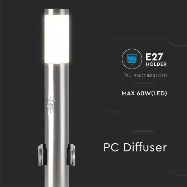 Venkovní lampa se senzorem + 2 zásuvkami 1xE27/60W/230V IP44 60cm matný chrom
