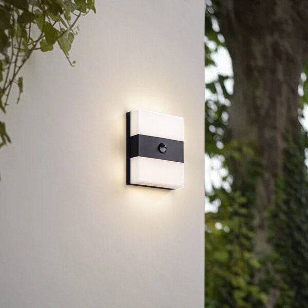 PRIOS LED venkovní nástěnné svítidlo Teekon, antracit, senzor, IP44, Černá, Nerezová ocel, Moderní