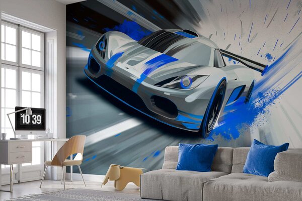 Fototapety dynamický sportovní vůz v digitálním kresebném stylu s modrými akcenty, Tapety Unikátní, w05069 : uwalls.cz