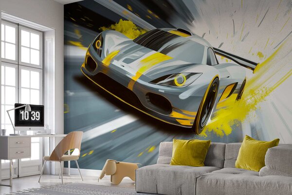 Fototapety dynamický sportovní vůz v digitálním kresebném stylu se žlutými akcenty, Tapety Unikátní, w05069v2 : uwalls.cz