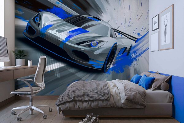 Fototapety dynamický sportovní vůz v digitálním kresebném stylu s modrými akcenty, Tapety Unikátní, w05069 : uwalls.cz
