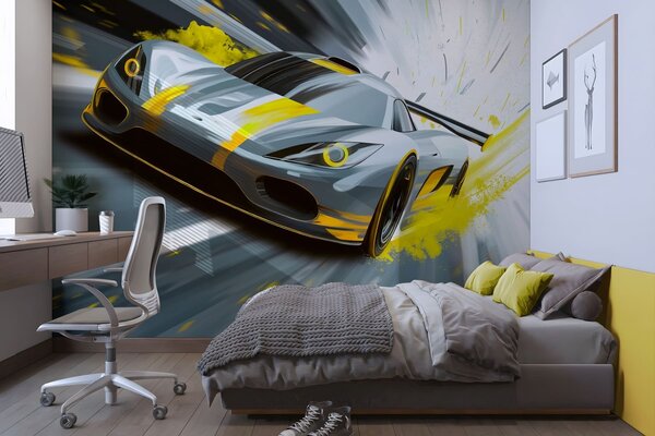 Fototapety dynamický sportovní vůz v digitálním kresebném stylu se žlutými akcenty, Tapety Unikátní, w05069v2 : uwalls.cz