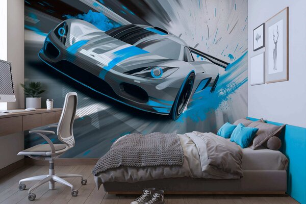 Fototapety dynamický sportovní vůz v digitálním kresebném stylu s tyrkysovými akcenty, Tapety Unikátní, w05069v3 : uwalls.cz
