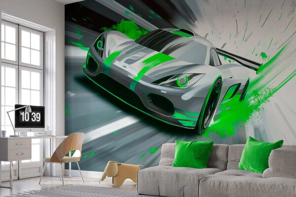 Fototapety dynamický sportovní vůz v digitálním kresebném stylu se zelenými akcenty, Tapety Unikátní, w05069v4 : uwalls.cz