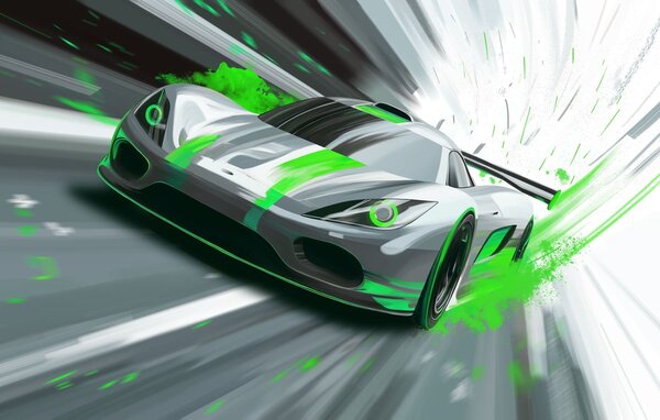 Fototapety dynamický sportovní vůz v digitálním kresebném stylu se zelenými akcenty, Tapety Unikátní, w05069v4 : uwalls.cz