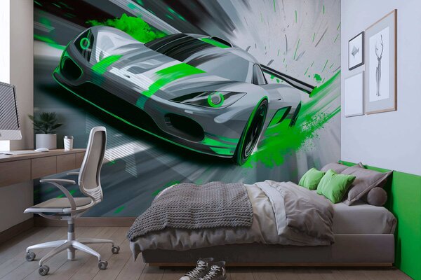 Fototapety dynamický sportovní vůz v digitálním kresebném stylu se zelenými akcenty, Tapety Unikátní, w05069v4 : uwalls.cz