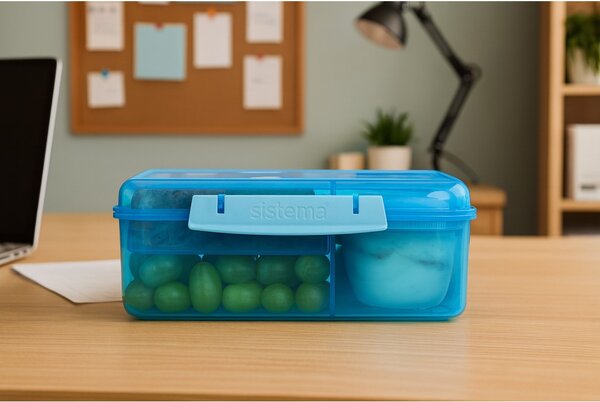 Sistema Dělený svačinový box Lunch Bento s nádobou na jogurt a 2 tácky 1,65 l, modrá