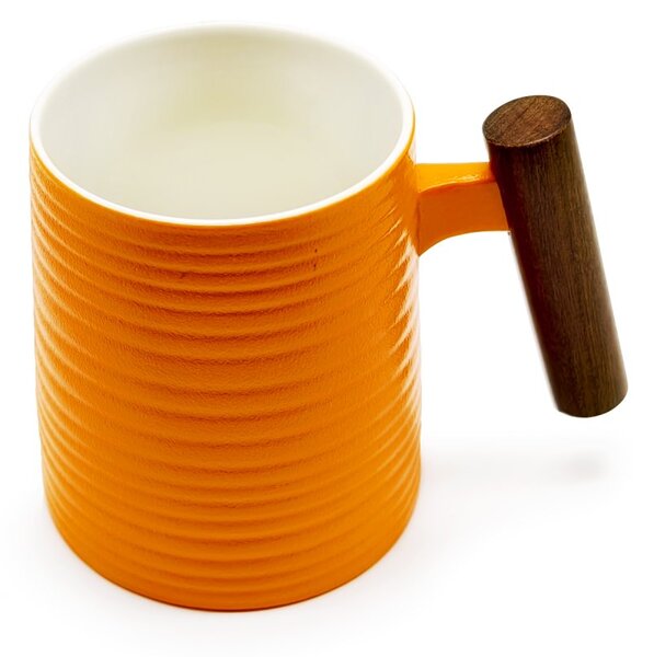Porcelánový hrnek Tea Logic Clementine Relief, oranžový, dřevěná rukojeť, matný, 400 ml