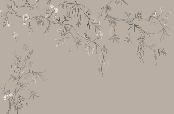 Fototapety Květinový ornament s ptáky na neutrálním pozadí, Fototapety květiny, w05127v3 : uwalls.cz