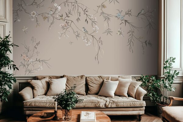 Fototapety Květinový ornament s ptáky na neutrálním pozadí, Fototapety květiny, w05127v3 : uwalls.cz