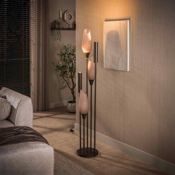 ZIJLSTRA Stojací lampa Cocoon, sklo, hnědé matné, 5 žárovek, E27, GU10, Krémová / jantar, Obývací pokoj / jídelna, Sklo, Skandinávský