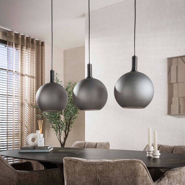 ZIJLSTRA Závěsné světlo Bubble, šedé, sklo, 3 žárovky, E27, 110 cm, stmívatelný, Hliník / šedá / zinek, Obývací pokoj / jídelna, Sklo, Skandinávský