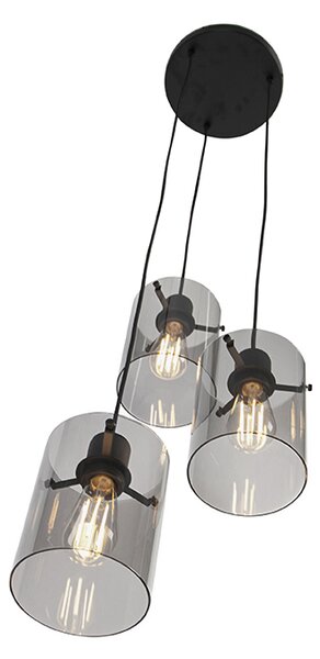 Designové závěsné svítidlo černé s kouřovým sklem 3-světlo - Dome