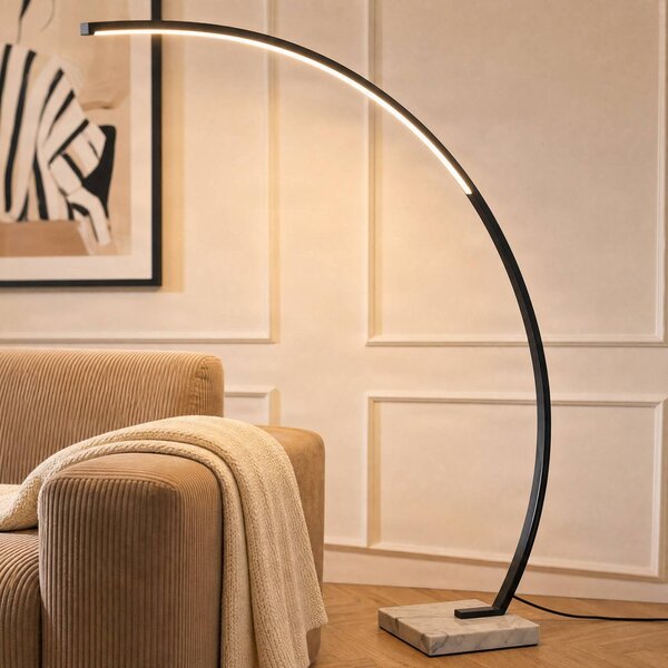 Lindby oblouková lampa LED Kendra, černá, hliník, výška 180 cm, stmívatelný, Černá, Obývací pokoj / jídelna, kov, Moderní