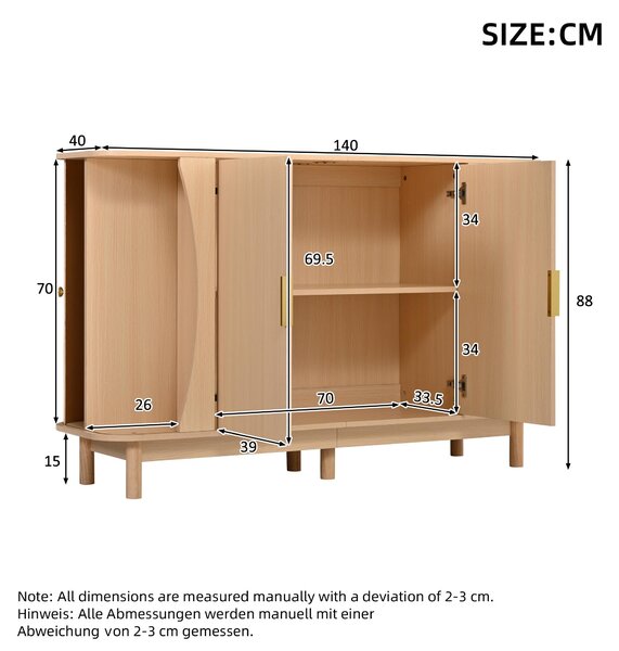 Komoda šířky 140 cm z MDF s povrchem imitujícím přírodní dřevo, vybavená dvěma posuvnými dvířky a nastavitelnou policí, vhodná do obývacího pokoje i chodby