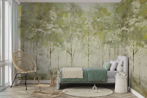 Fototapety Stylizovaný les se štíhlými stromy v zelených tónech, Fototapety les, Fototapety stromy, w05221v1 : uwalls.cz