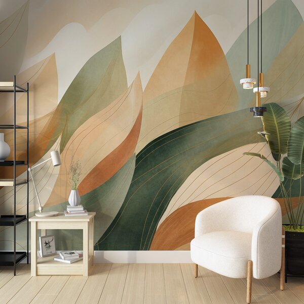 Fototapety Abstraktní listy, tlumené zemité tóny zelené a oranžové barvy s jemnými detaily linií, měkká, Fototapety abstraktní, w09736 : uwalls.cz