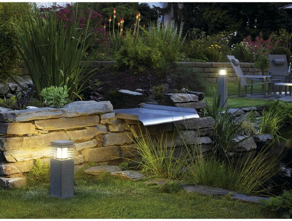 BIG WHITE SLV ARROCK GRANITE, venkovní stojací lampa, TC-(D,H,T,Q)SE, IP44, hranaté, žula, sůl a pepř, žula, D/Š/V 12/12/40 cm, max