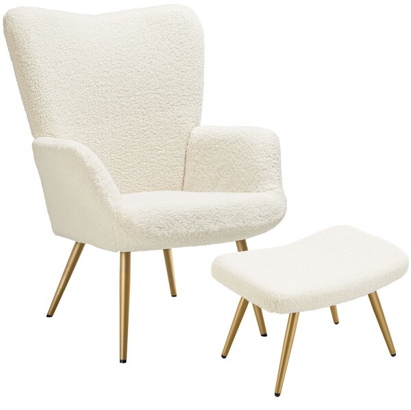Tectake Křeslo Hygge polstrované, ergonomické, nosnost 150 kg - S podnožkou,Bouclé krémová/zlatá