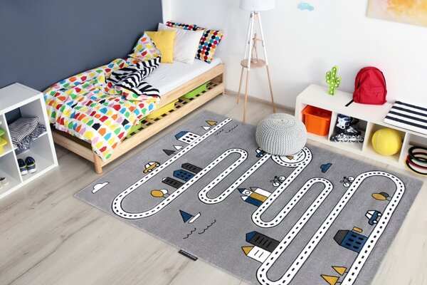 Makro Abra Dětský kusový koberec PETIT Cesta auta domy šedý Rozměr: 80x150 cm