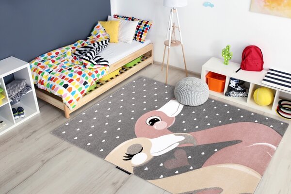 Makro Abra Dětský kusový koberec PETIT Plameňáci srdíčka šedý Rozměr: 140x190 cm