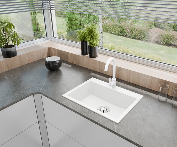 Granitový dřez ELITE bílý + sifon chrom 70 x 50 x 21 cm