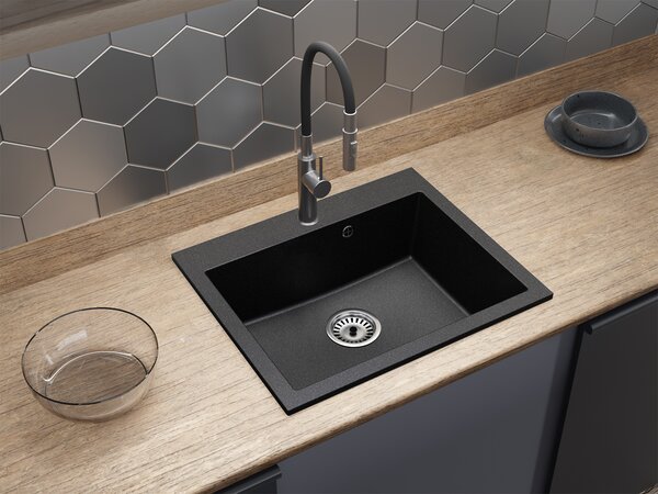 Granitový dřez ELITE černý s texturou žuly + sifon chrom 70 x 50 x 21 cm