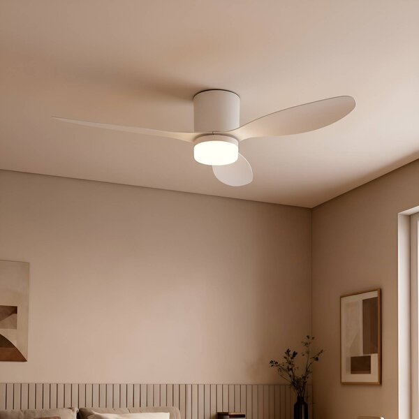 Lucande Stropní ventilátor LED Kayu, bílý, DC, tichý, Ø 132 cm, Bílá / opál, Obývací pokoj / jídelna, Plast, Moderní