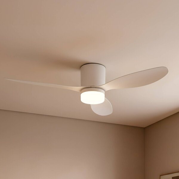 Lucande Stropní ventilátor LED Kayu, bílý, DC, tichý, Ø 132 cm, Bílá / opál, Obývací pokoj / jídelna, Plast, Moderní